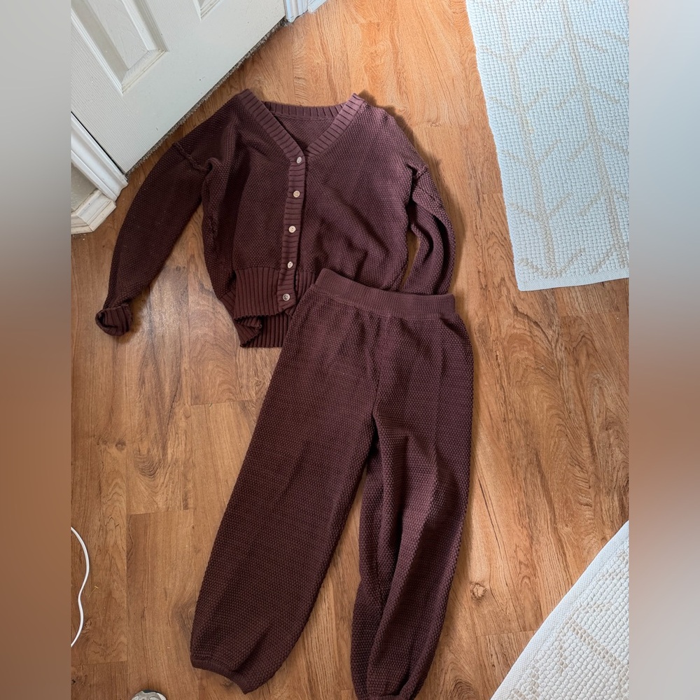 Women’s Matching Knit Lounge Set Medium Brown Button Cardigan Joggers